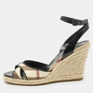 Burberry Brown Patent Leather and Nova Check Canvas Wedge Sandals Size 40