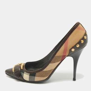 Burberry Beige/Brown Leather and Nova Check Canvas Pointed Toe Pumps Size 37