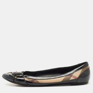 Pre Owned Burberry Black/Beige Nova Check PVC and Patent Leather Buckle Ballet Flats Size 41