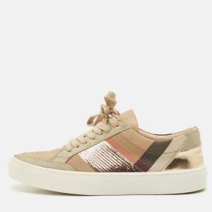 Burberry Beige/Rose Gold House Check Canvas and Suede Salmond Sequins Low Top Sneakers Size 36