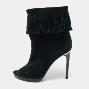 Pre Owned Burberry Black Suede  Fringe Ankle Length Boots Size 37.5  