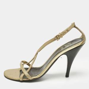 Pre Owned Burberry Gold Textured Leather Criss Cross Ankle Strap Sandals Size 37