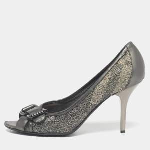 Pre Owned Burberry Grey/Beige Canvas and Leather Buckle Peep Toe Pumps Size 37