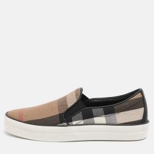 Pre Owned Burberry Beige/Black Canvas And Leather Gauden Slip On Sneakers 35