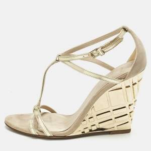 Pre Owned Burberry Beige/Gold Leather and Suede Wedge Sandals Size 36