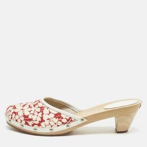 Pre Owned Burberry Cream/Red Flora Canvas and Leather Mules Size 38