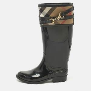Pre Owned Burberry Black/Beige Rubber and House Check Canvas Rain Boots Size 35
