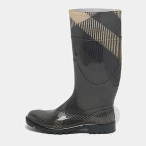 Pre Owned Burberry Green/Beige Rubber House Check Rain Boots Size 38
