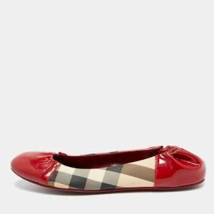 Pre Owned Burberry Red/Beige Patent Leather and Nova Check Canvas Scrunch Ballet Flats Size 38
