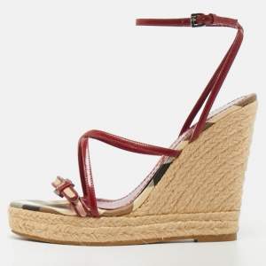 Pre Owned Burberry Burgundy/Beige Check Canvas and Patent Leather Espadrille Wedge Sandals Size 37