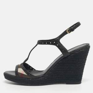 مملوكة مسبقًا Burberry Beige/Black Check Leather and Canvas Espadrille Wedge Sandals Size 41