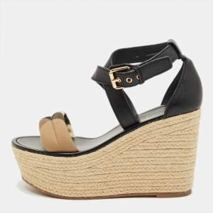 مملوكة مسبقًا صندل كعب روكي بربري إسبادريل كانفاس كاروهات نوفا وجلد أسود بنعل سميك مقاس 38.5