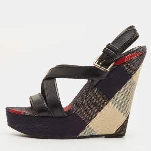 Pre Owned Burberry Warlow Size 39 Black Leather and Nova Check Canvas Platform Wedge Sandals