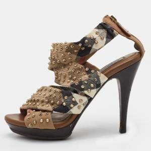 Pre Owned Burberry Size 39 Multicolor Nova Check Canvas Spike Studded Platform Sandals