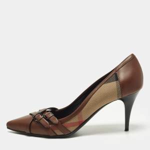 مملوكة مسبقًا Burberry Size 3 Brown/Beige House Check Canvas and Leather Pointed Toe Buckle Pumps 