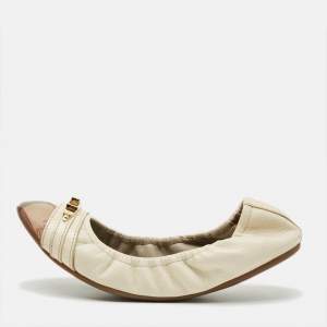 Pre Owned Burberry Size 39 Cream/Beige Check Canvas and Leather Scrunch Ballet Flats