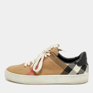 Pre Owned Burberry Gauden Size 38 Beige/Black Nova Check  Canvas and Leather Lace Up Sneakers