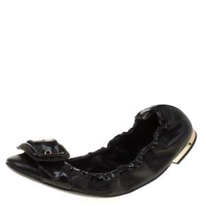 Pre Owned Burberry Black Leather Bearley Buckle Detail Scrunch Ballet Flats Size 38