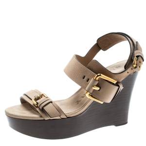 Burberry Beige Leather Buckle Detail Platform Wedge Sandals Size 37