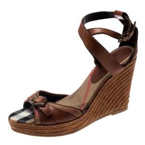 Burberry Brown Leather And Canvas Espadrille Ankle Wrap Wedge Platform Sandals Size 40