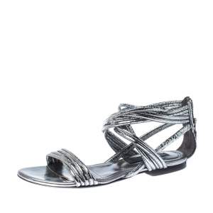 Pre Owned Burberry Metallic Silver Foil Leather Ankle Strap Flat Sandals Size 35