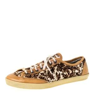 Pre Owned Burberry Brown Leather And Pony Hair Leopard Print Lace Up Sneakers Size 39