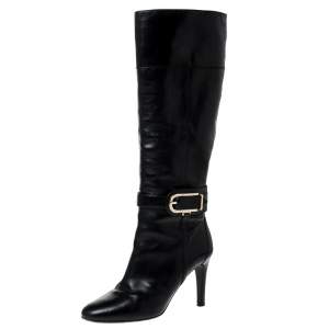 Pre Owned Burberry Black Leather Buckle Pointed Toe Knee Length Boots Size 37