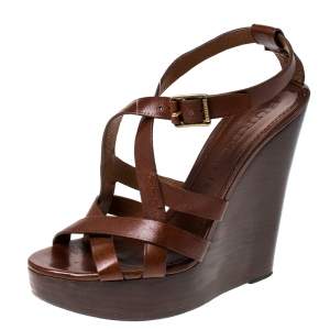 Burberry Brown Leather Strappy Wedge Platform Sandals Size 38