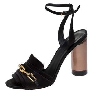 Burberry Black Satin Gold Link Detail Perspex Block Heel Sandals Size 39.5