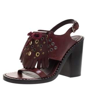 Burberry Burgundy Leather Beverley Fringe Eyelet Embellished Slingback Block Heel Sandals Size 40