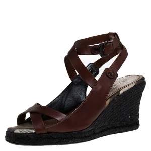 Burberry Brown Leather Cross Strap Espadrille Wedge Sandals Size 39