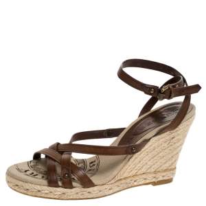 Pre Owned Burberry Brown Leather Wedge Strappy Sandals Size 36