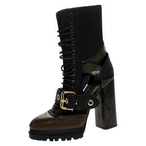 مملوكة مسبقًا Burberry Black/Brown Leather and Snakeskin Water Marsh Ankle Boots Size 38.5