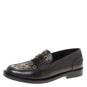 Pre Owned Burberry Black Leather Bedmont Eyelet Detail Penny Loafers Size 37