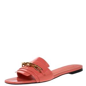 Burberry Coral Patent Leather Coleford Flat Slide Sandals Size 40