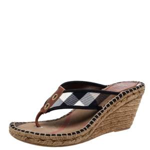 Burberry Beige/Black Novacheck Canvas Espadrille Thong Wedge Sandals Size 39