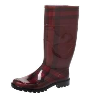 Pre Owned Burberry Red Novacheck Rubber Rain Boots Size 38