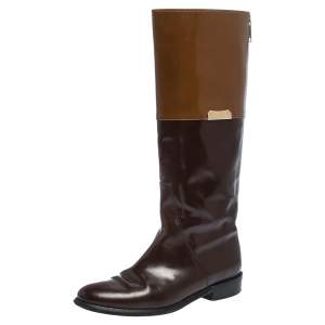Pre Owned Burberry Two Tone Leather Logo Embellished Knee High Boots Size 37
