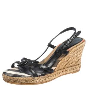 Pre Owned Burberry Black Leather Buckle Embellished Strappy Slingback Wedge Espadrilles Size 38