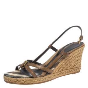 Pre Owned Burberry Brown Criss Cross Leather and Check Canvas Espadrille Wedge Sandals Size 39