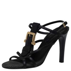 Pre Owned Burberry Black Leather T-Strap Buckle Detail Clanconnel Sandals Size 38