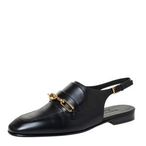 Burberry Black Leather ChelTown Chain Detail Slingback Loafer Sandals Size 37