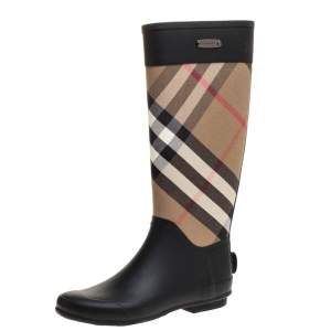 Pre Owned Burberry Black House Check Fabric and Rubber Rain Boots Size 38
