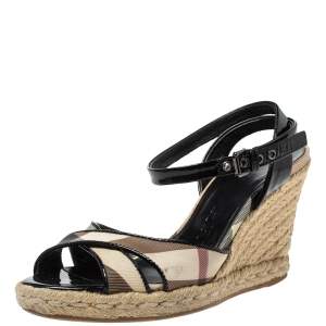 Pre Owned Burberry Black Patent And Novacheck Cross Strap Espadrille Wedge Sandals Size 35