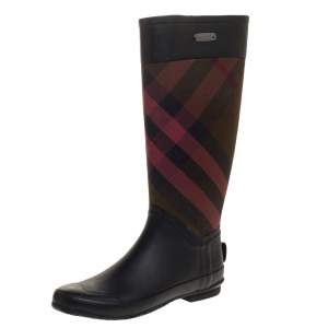 Pre Owned Burberry Black Rubber And Novacheck Canvas Rain Boots Size 41