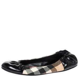 Pre Owned Burberry Black Patent Leather And Nova Check Canvas Scrunch Ballet Flats Size 38