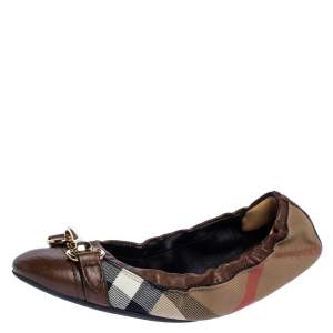 Pre Owned Burberry Brown House Check Canvas and Leather Shipley Ballet Flats Size 38