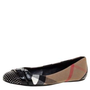 Pre Owned Burberry Beige Nova Check Canvas and Black Studded Leather Buckle Detail Ballet Flats Size 36