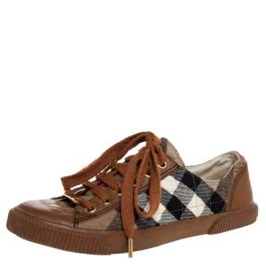 Pre Owned Burberry Brown Leather And Nova Check Quilted Canvas Low Top Sneakers Size 37