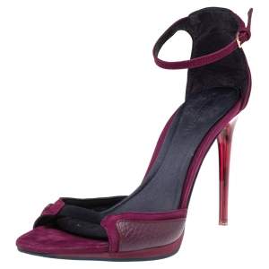 Pre Owned Burberry Purple Satin And Nubuck Ankle Strap Lucite Heel Sandals Size 37